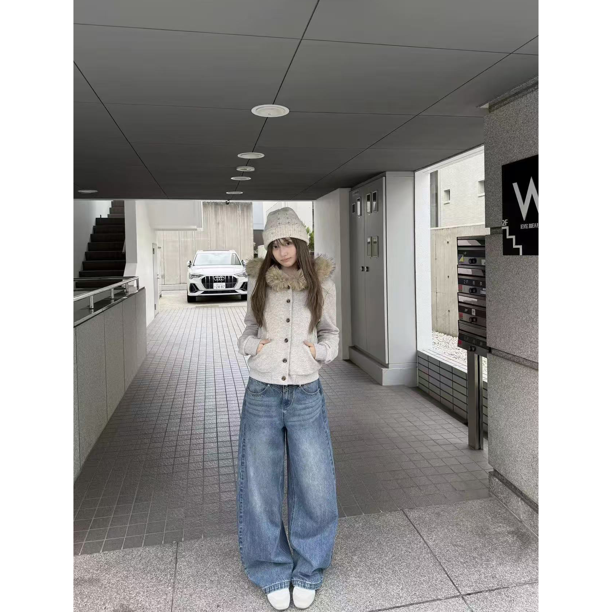 美式宽松卫衣外套女新款毛领拼接正肩修身加绒连帽上衣Q  9743#