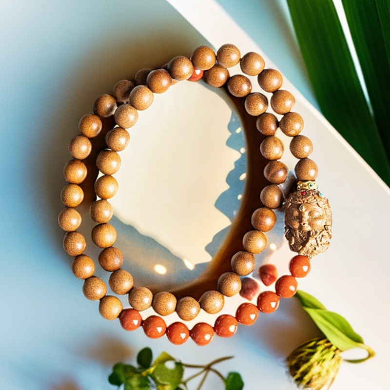 【仙游非遗】印度老山檀绿度母搭满色南红0.6cm*28颗手串