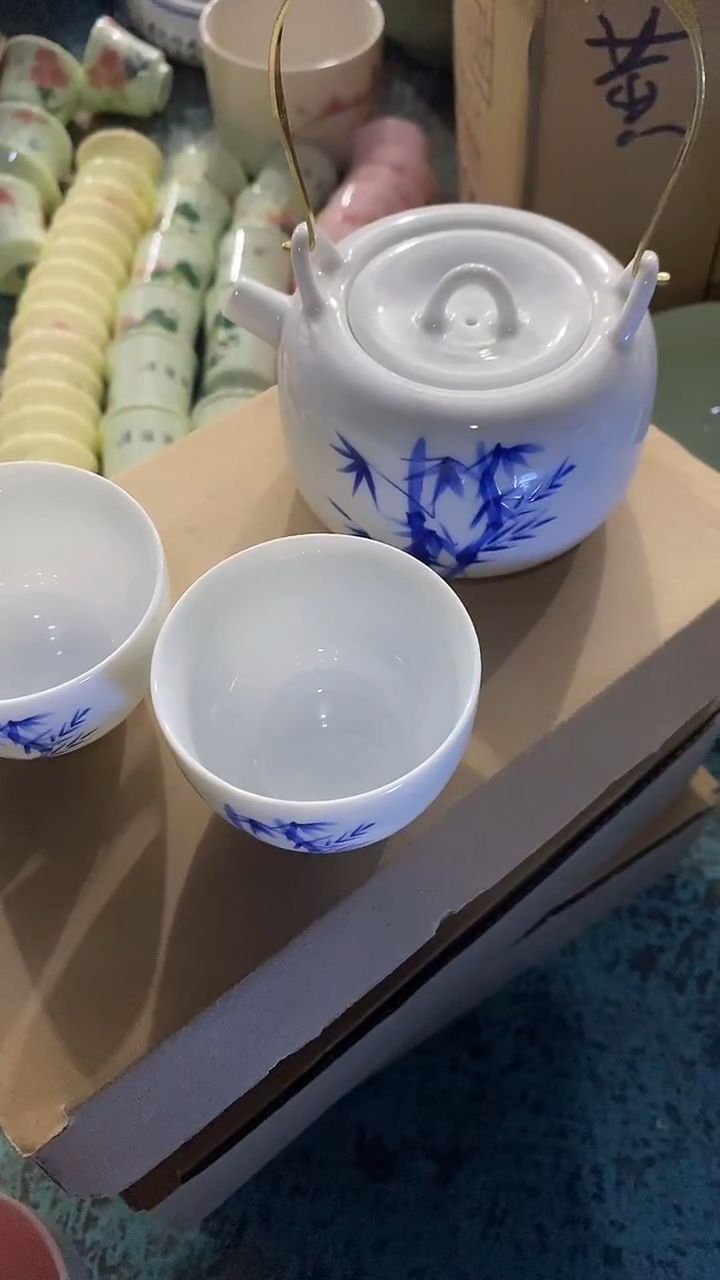 摆件陶玩玉手绘竹子1壶2杯