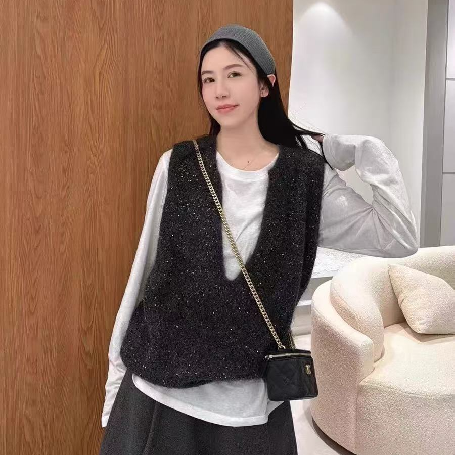 现货欧洲站正品网红宽松亮片满天星针织马甲女2024秋冬季新款深V-