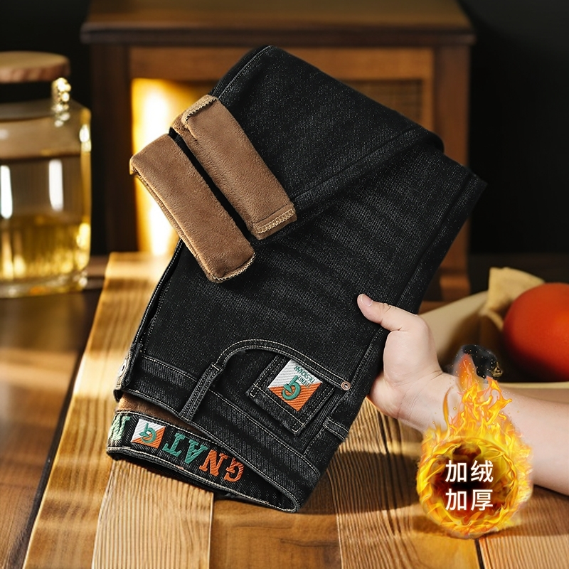 冬季加绒加厚男士牛仔裤男款轻奢欧版修身简约舒适户外