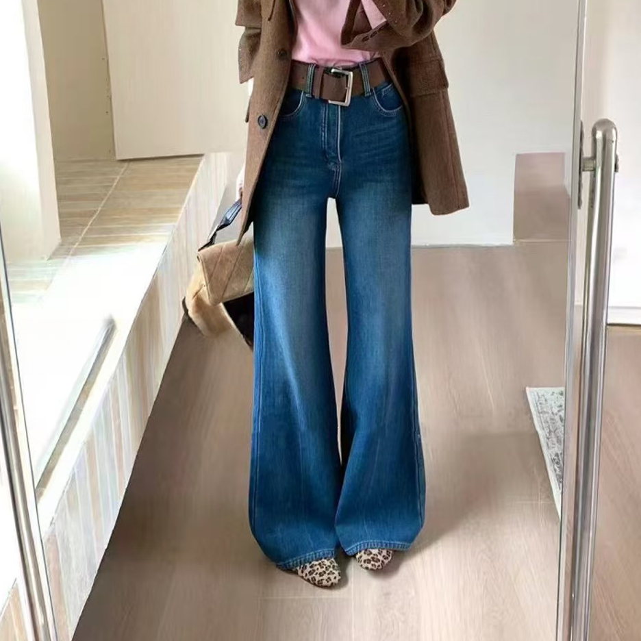 大码老钱风秋冬高腰女长裤牛仔裤裤子喇叭裤阔腿裤加绒加厚88390