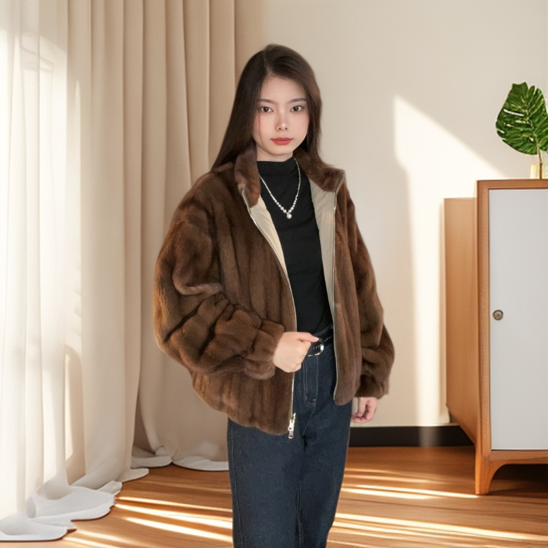 毕诗恋 进口紫金短二小母貂全抽立领双面外套轻奢时尚 宽松休闲