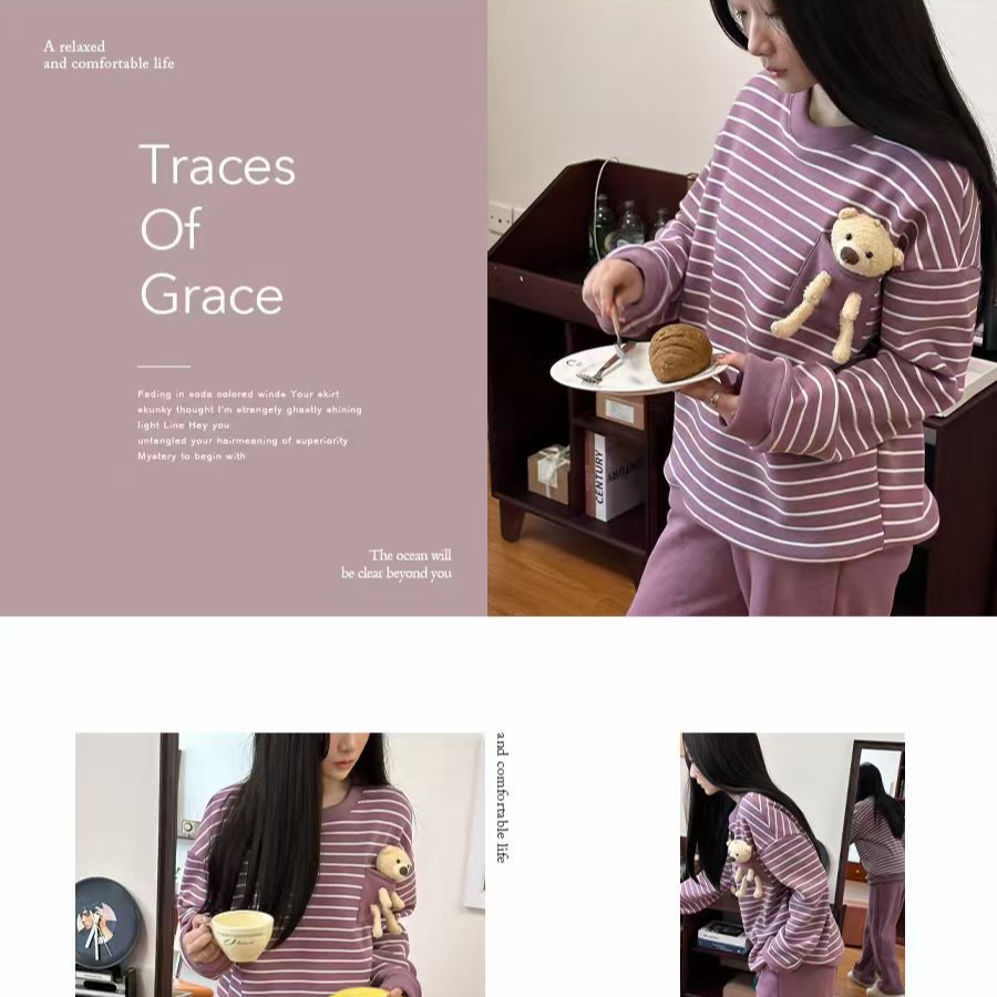 送小熊  复合澳绒家居服睡衣冬季女款长袖长裤条纹圆领套装503