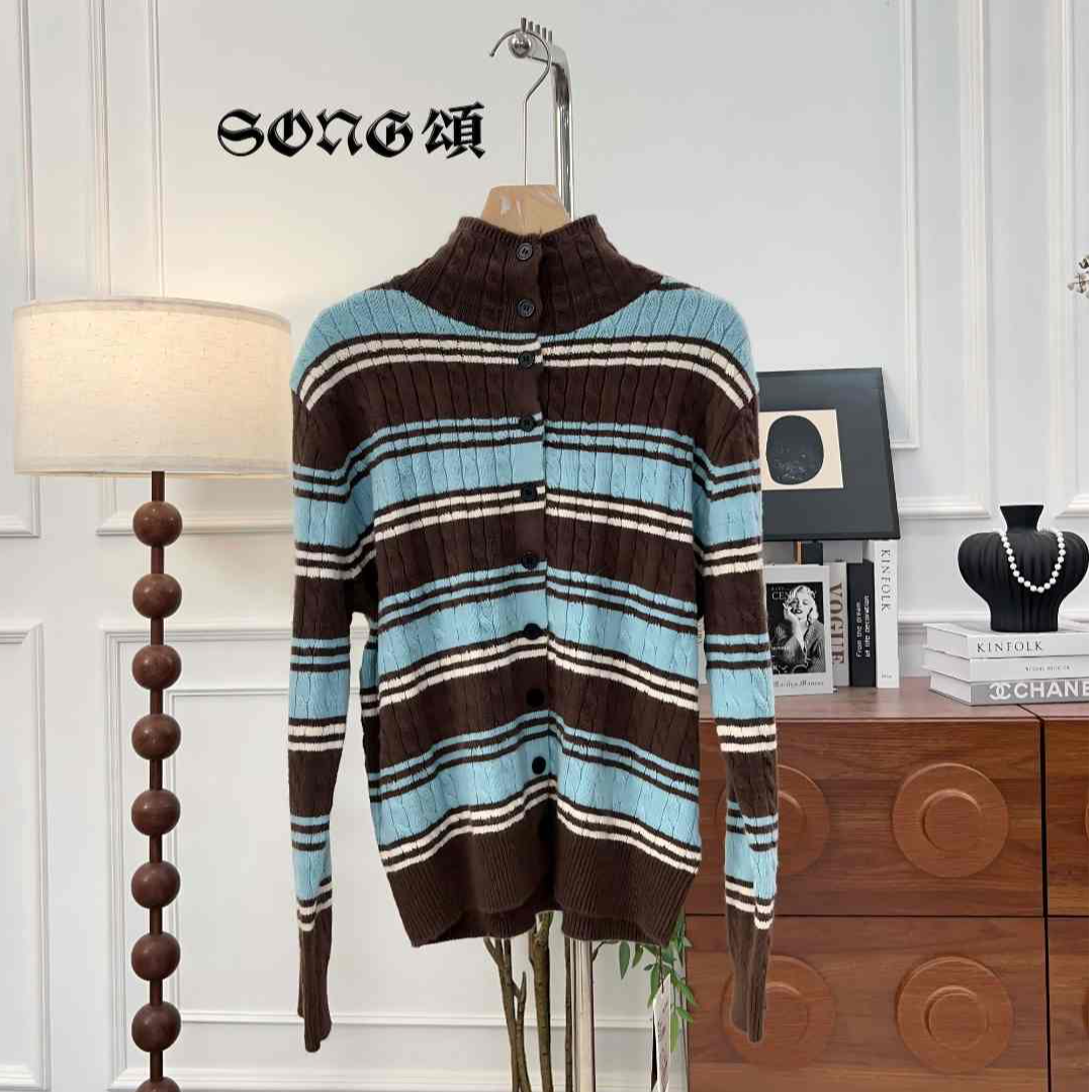 SONG頌 立领女春季韩系条纹针织毛针织衫网红拼色羊毛衫休闲-0017