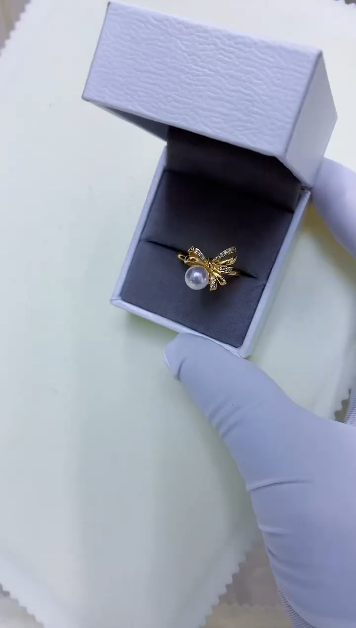 银S925镶嵌海水珍珠饰品金色蝴蝶结戒指