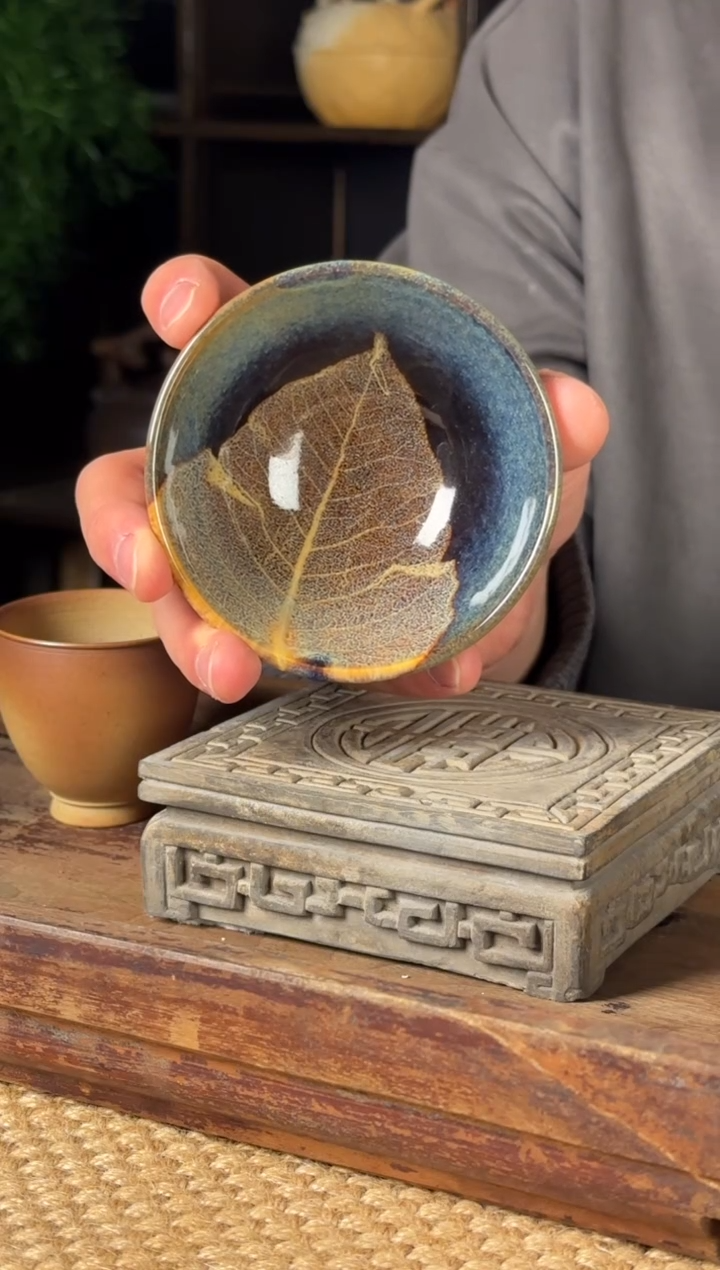 微瑕福利平阳窑手作菩提叶木叶盏