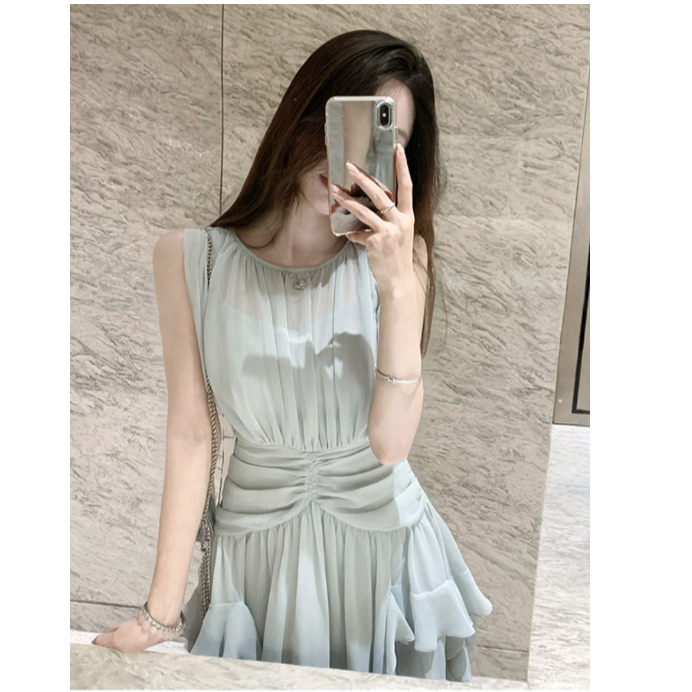 高智韩女 无袖背心连衣裙女夏季高级感气质名媛千金雪纺裙子