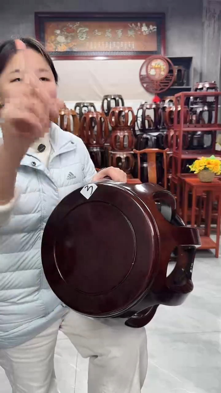 花梨木类家具【微瑕】胡桃色大号鼓凳3号