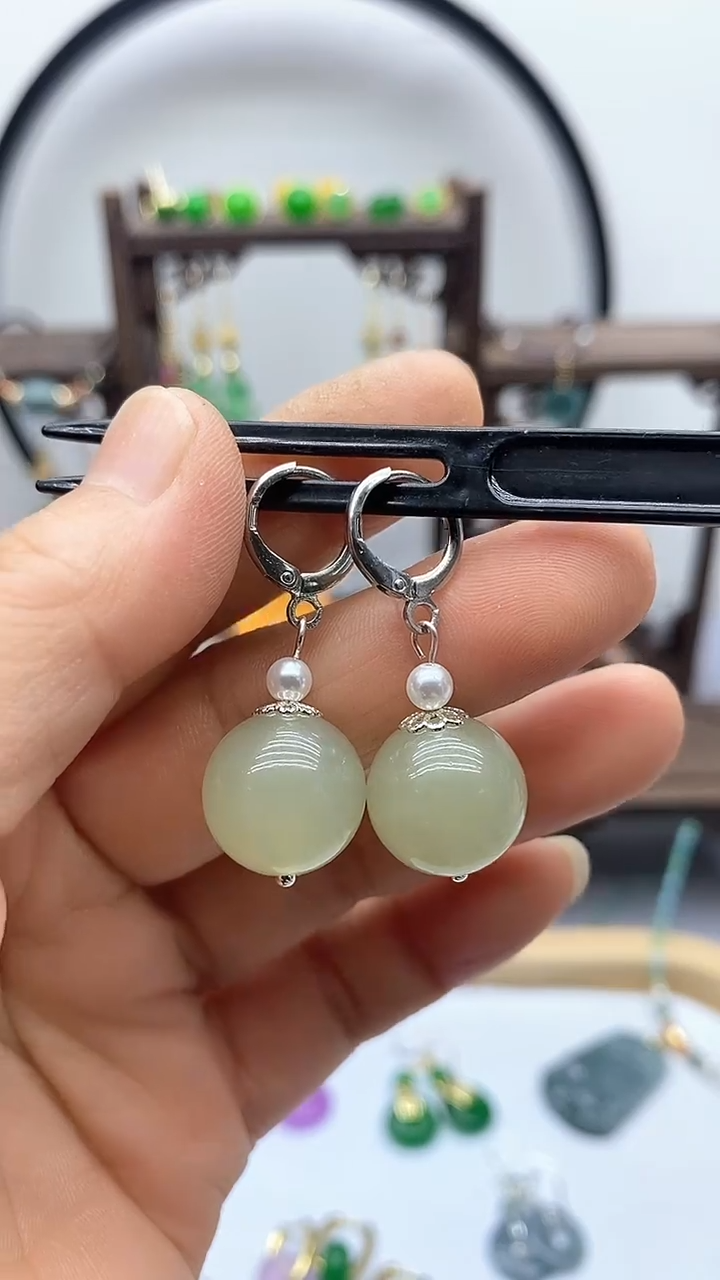 和田玉银S925镶嵌耳饰134