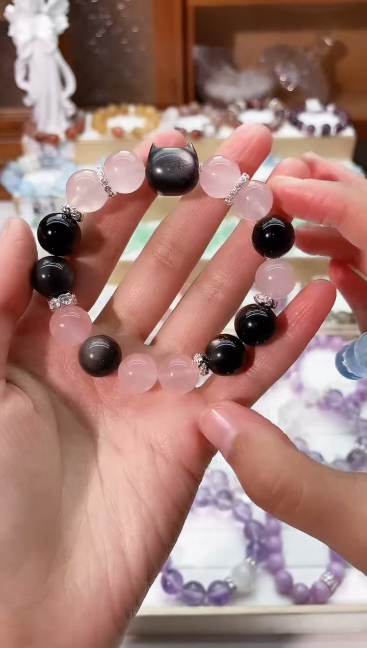 【闪购商品】水晶手串未镶嵌粉晶搭银曜石手串