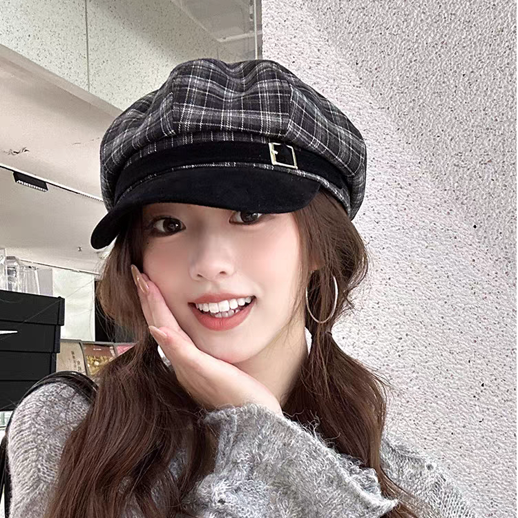 英伦复古文艺格纹八角帽百搭显脸小贝雷帽报童帽秋冬季女