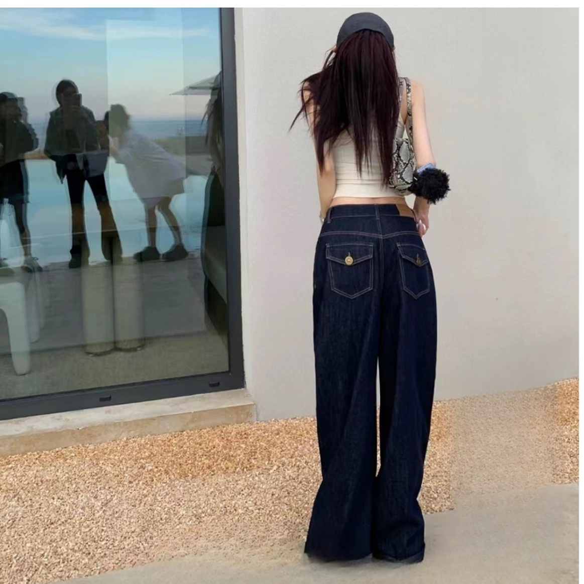 深蓝色高腰显瘦阔腿牛仔裤女2025秋冬新款美式宽松垂感拖地裤