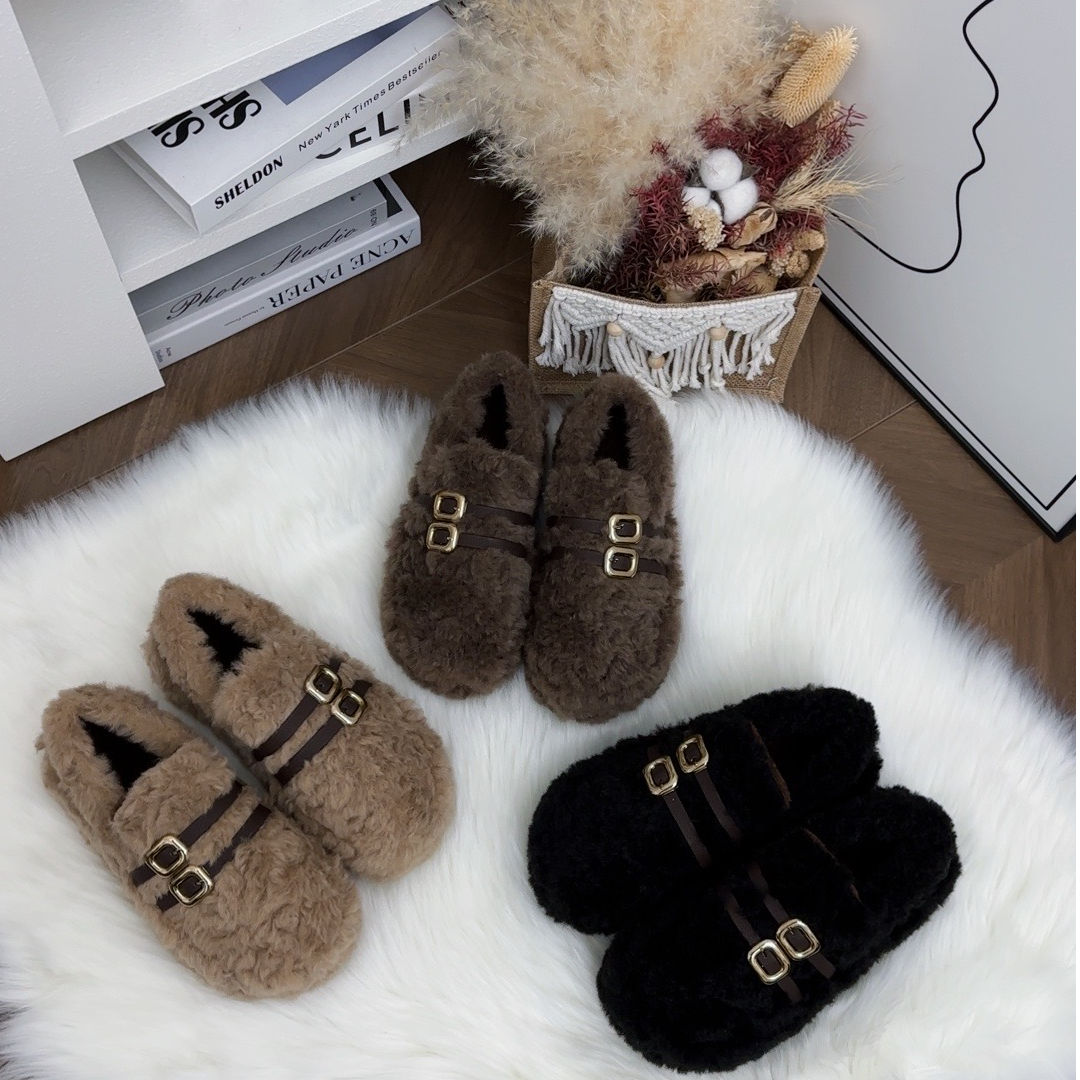 6CM厚底增高加绒双皮带扣设计时尚百搭防滑外穿女休闲毛毛鞋