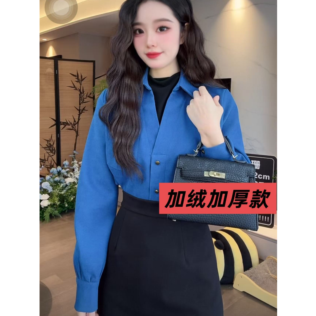 2025秋冬新款 加绒加厚上衣港味复古气质设计感假两件长袖上衣