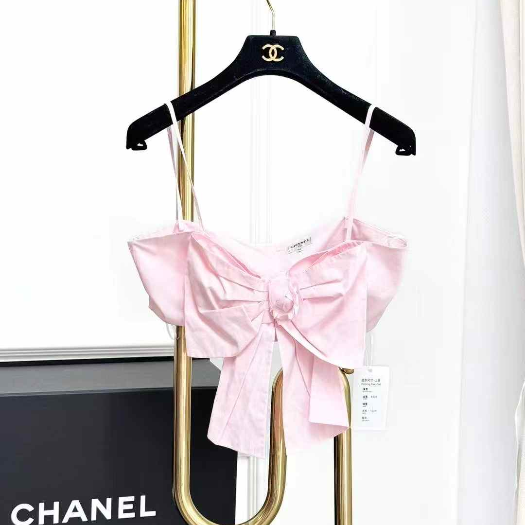 99新 Chanel/香奈儿 40码20C早春粉色蝴蝶结山茶花吊带背心 