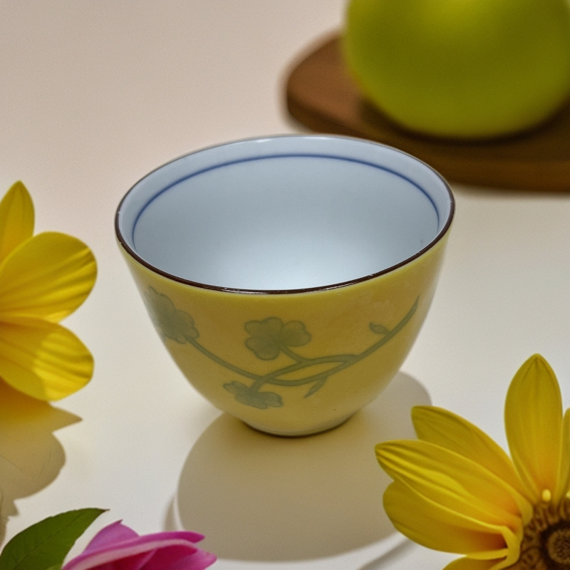 日本橘吉黄交趾主人杯陶瓷纯手工黄色手绘釉下彩茶杯茶具家用