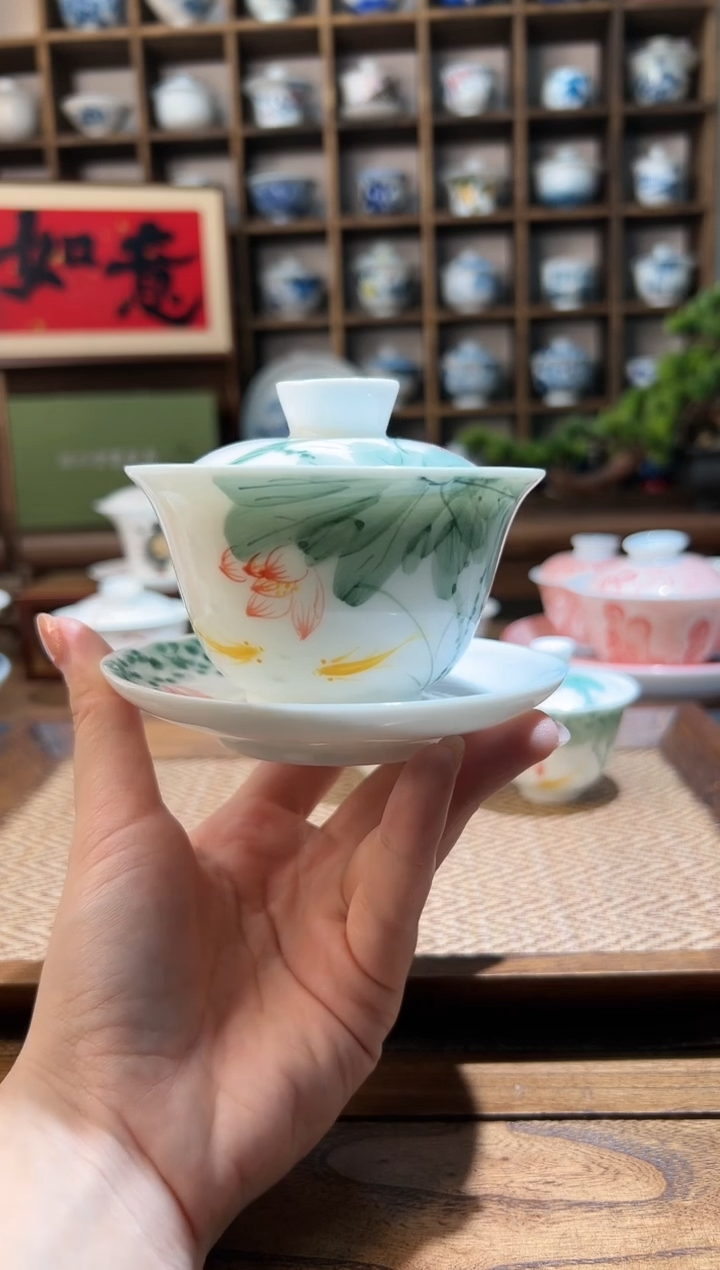 【闪购商品】五彩荷花锦鲤三才盖碗