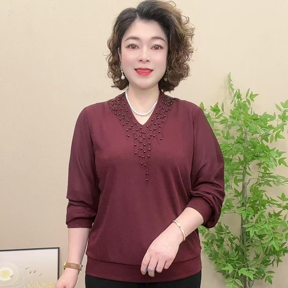 长袖妈妈装宽松钉珠百搭中老年女装时尚V领气质小衫弹力秋季流行