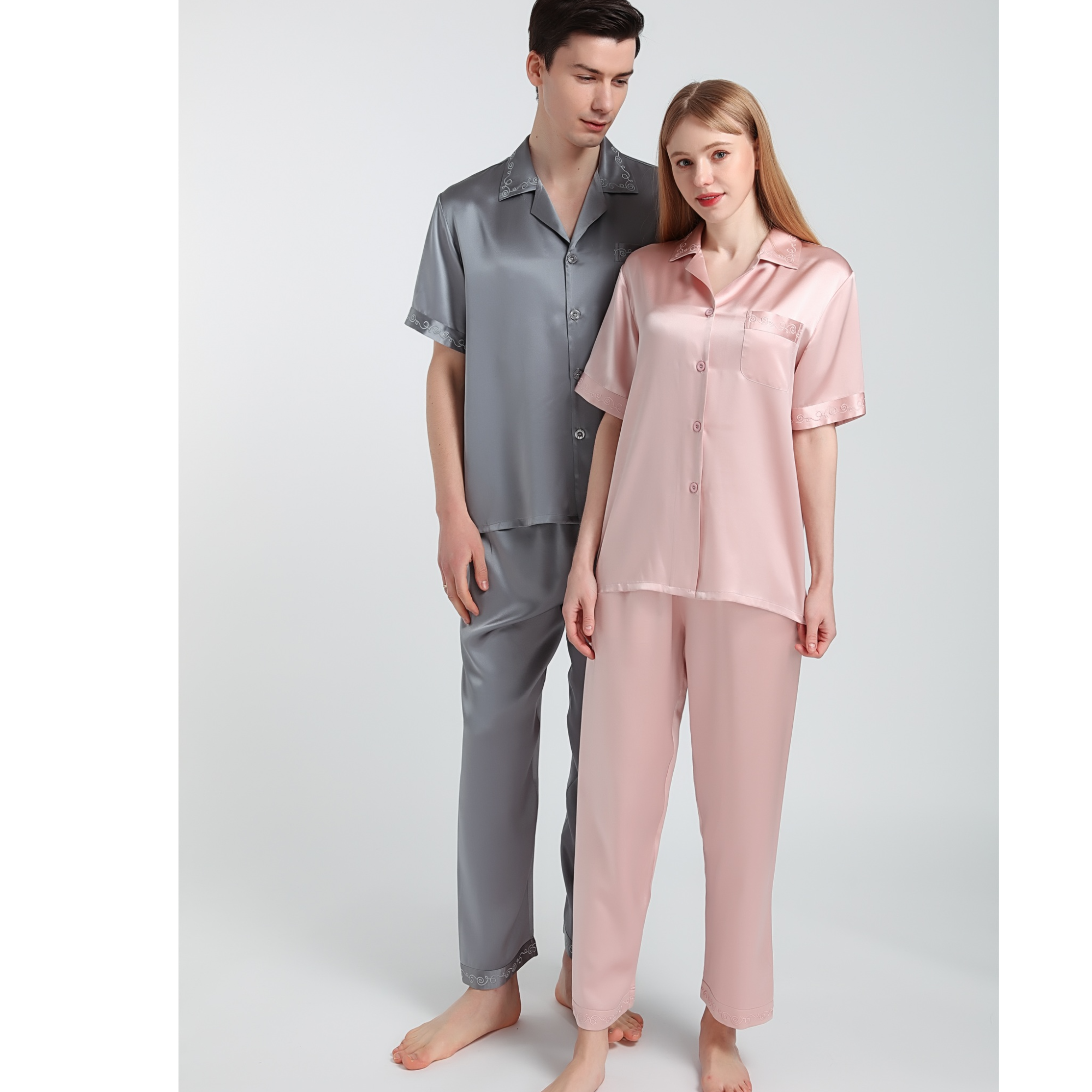 100%桑蚕丝真丝19姆米情侣爆款睡衣短袖长裤套装两件套情侣家居服
