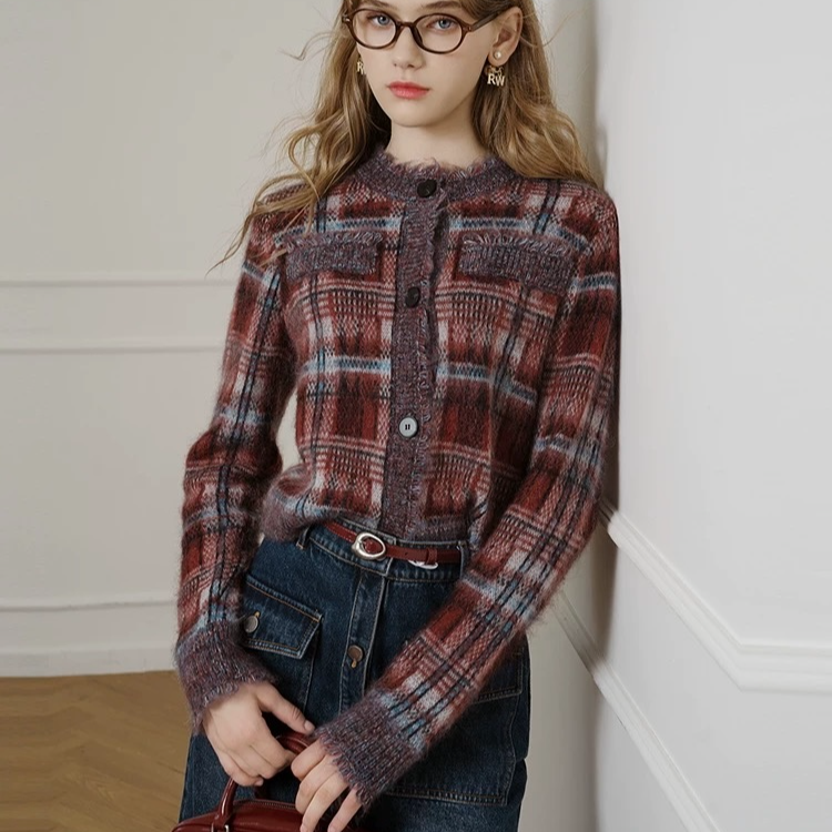 美式复古毛衣2025新款明星同款格纹流苏蝴蝶结针织衫开衫上衣