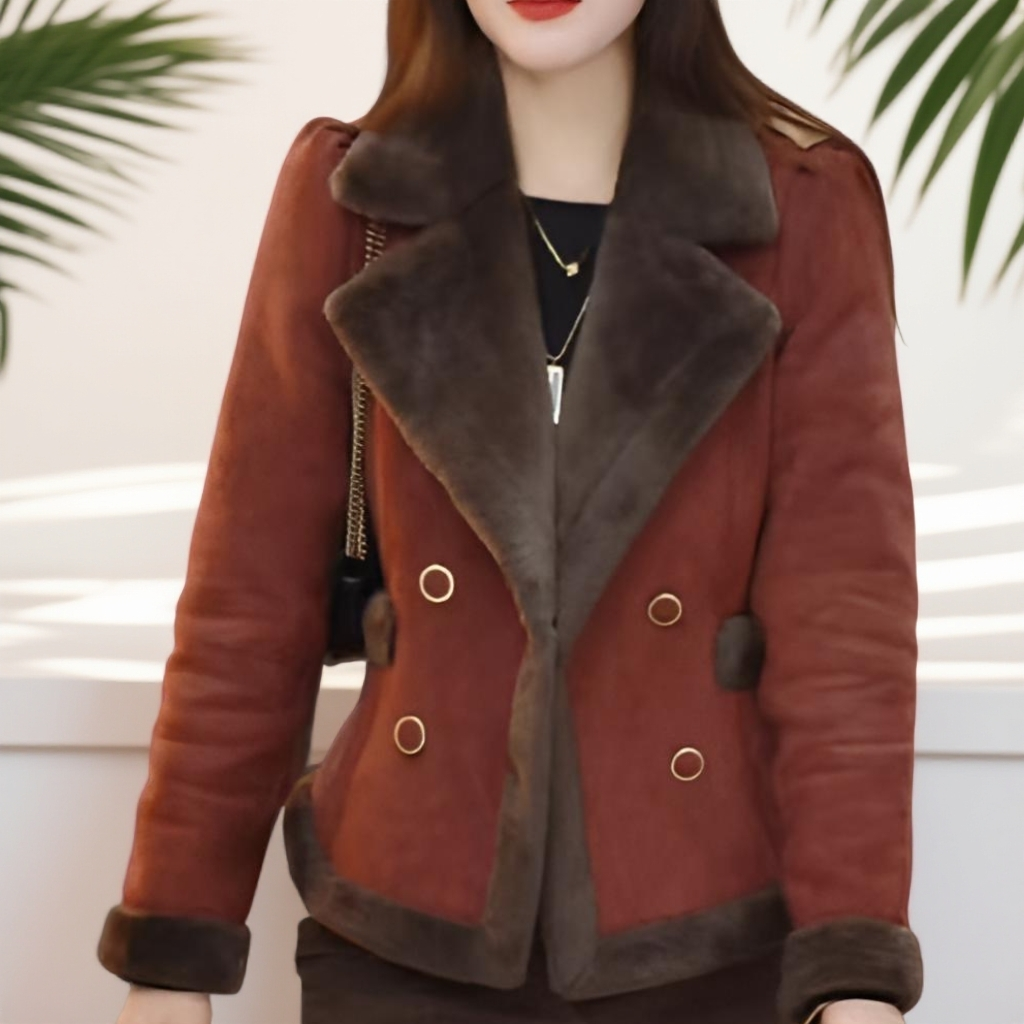 小香风2025皮毛秋冬一体新款长袖短款加绒时尚百搭西装领红色外套