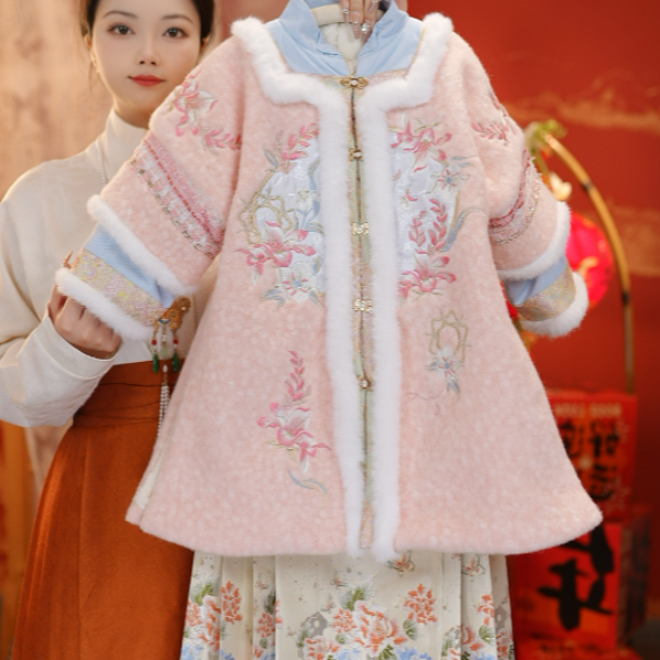 2【粉黛】长款外套套装马面裙女童明制新中式国风加绒冬季新年服