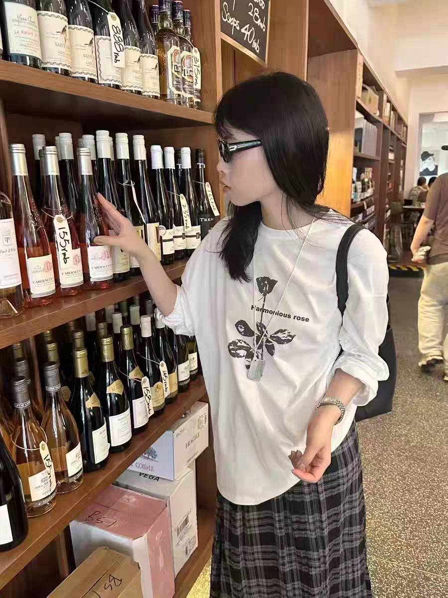 现韩国东大门代购spaghetti女2025秋季新款玫瑰印花长袖T恤
