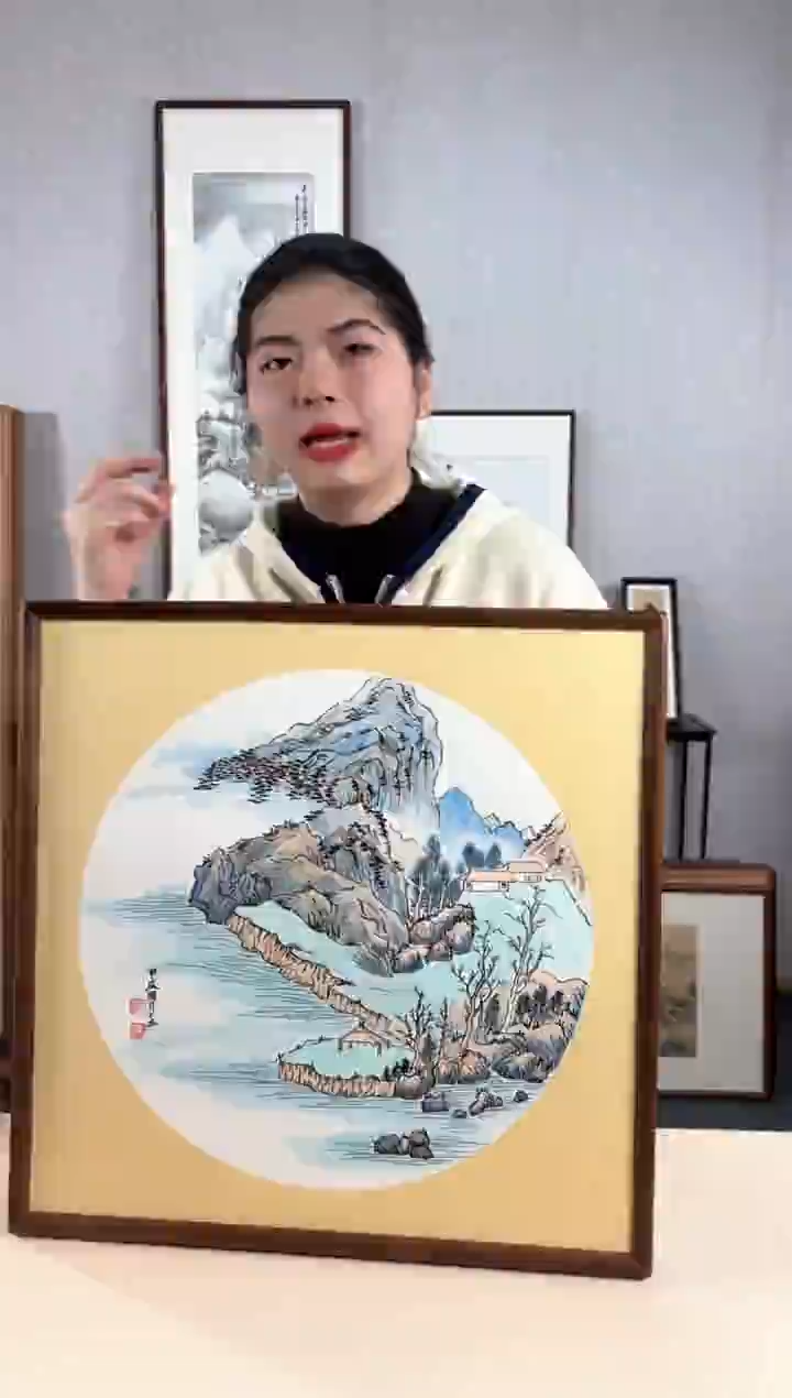 【闪购商品】国画手绘*山水斗方*53*53cm实木框