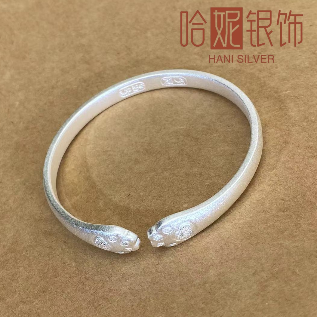 足银手镯 猫爪手镯足银纯银开口古法磨砂实心传承可爱经典女款