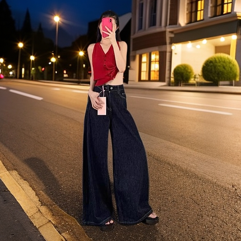 裤长116cm高个子180丹宁蓝高腰宽松百搭显瘦设计感超长拖地牛仔裤