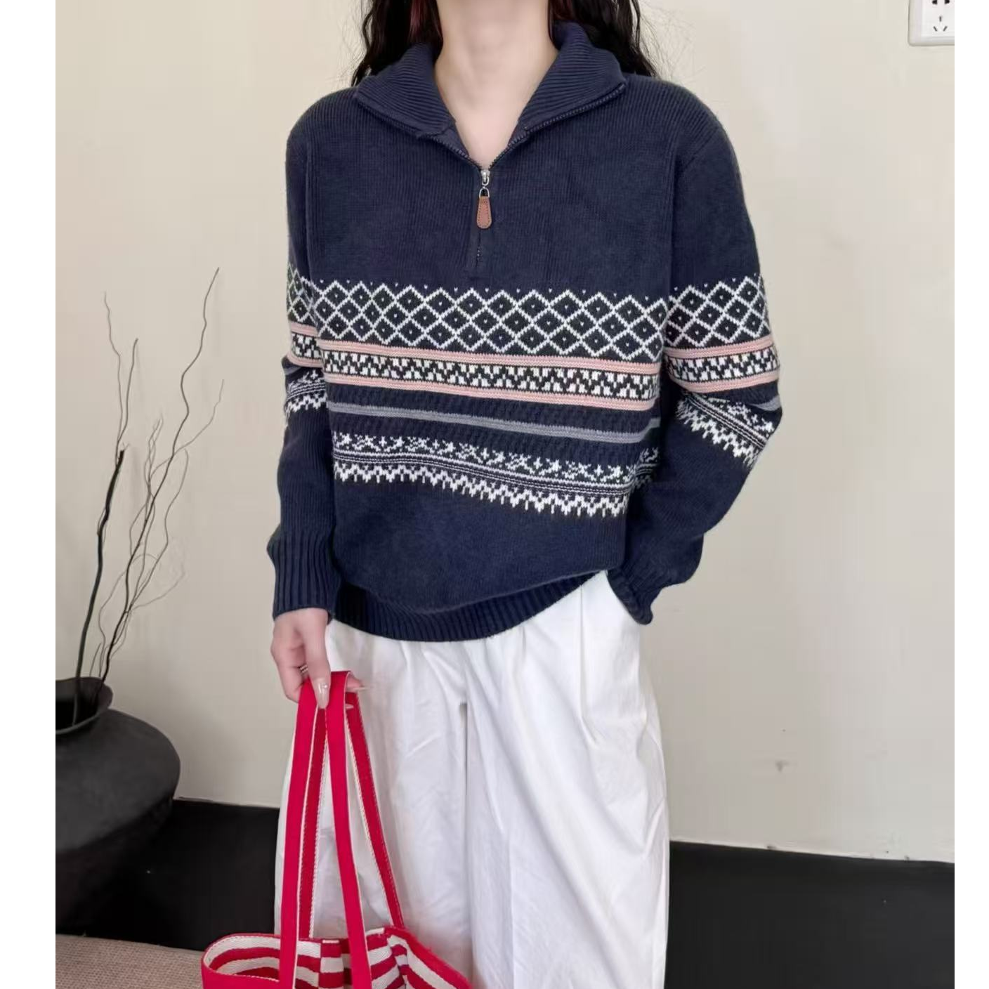 立领拉链拼色半高领毛衣女款秋冬新款时尚针织上衣内搭打底衫