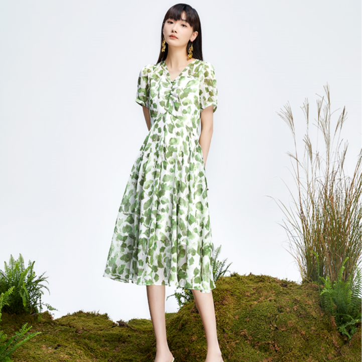 【小余专属】商场同款夏季新品绿色印花烫金连衣裙N195A32974