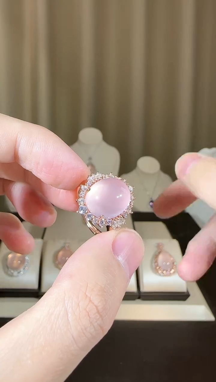 【闪购商品】芙蓉石戒指银S925镶嵌10*13mm星光粉水晶