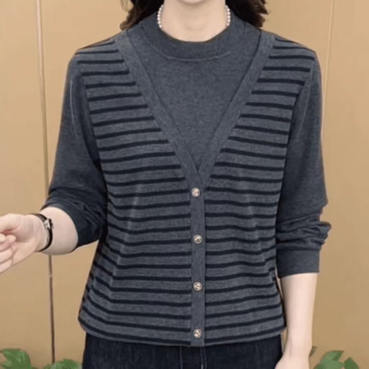秋季新款时尚圆领条纹假两件洋气妈妈装休闲百搭长袖上衣