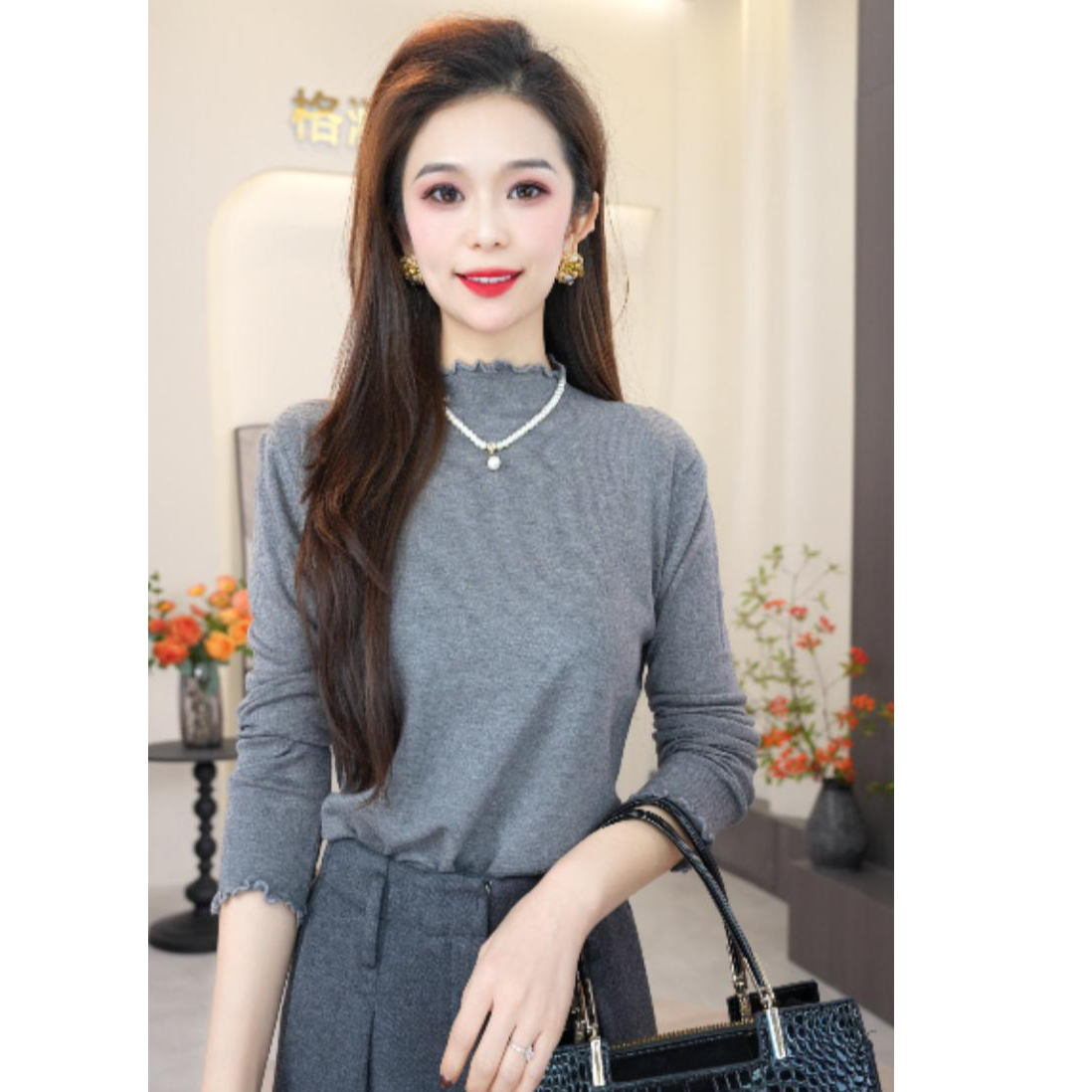格澜芙莉2025新年红气质打底衫女木耳边长袖打底衫显瘦上衣
