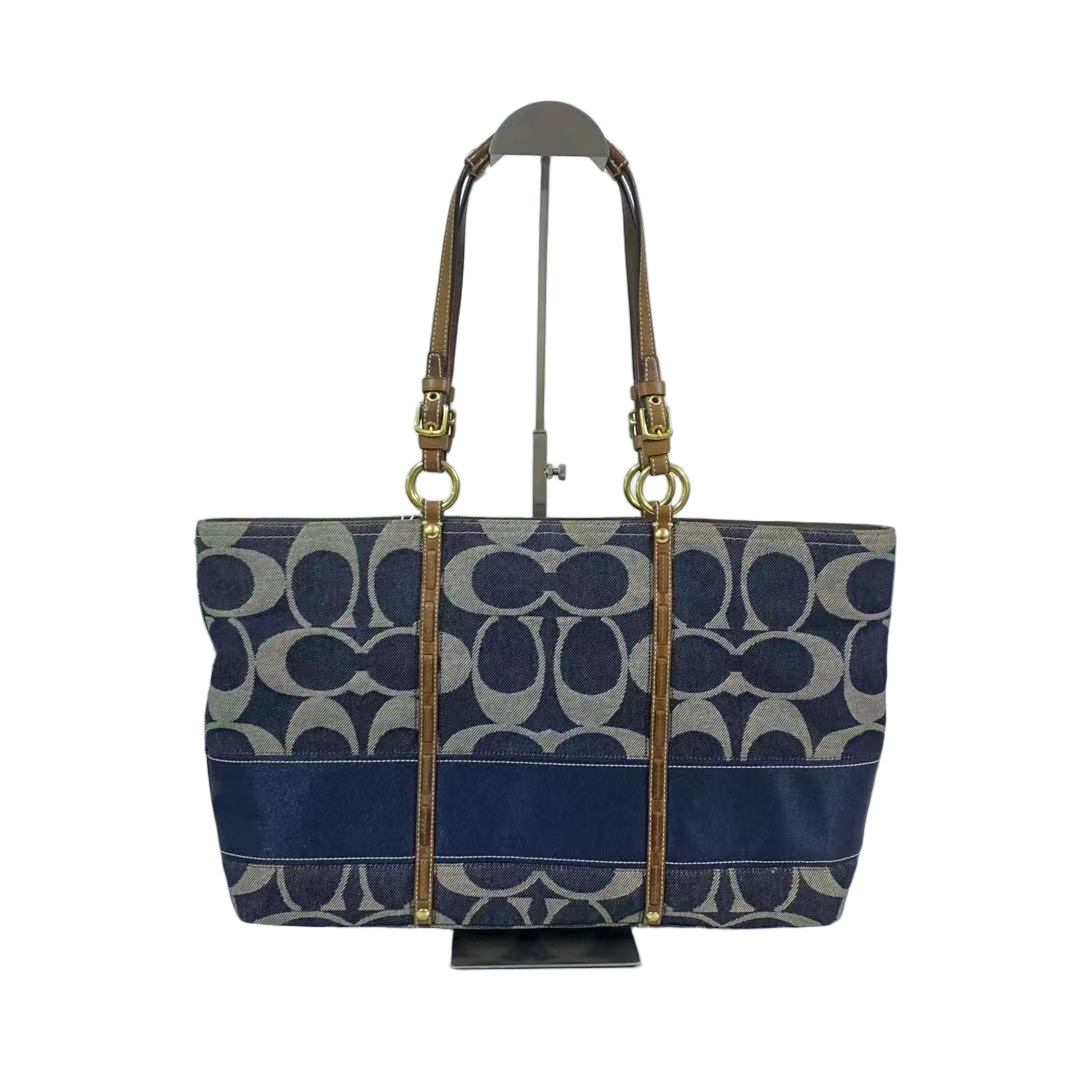 95新 COACH/蔻驰 经典老花香布蕾拼皮单肩牛仔手提托特包MM-81429