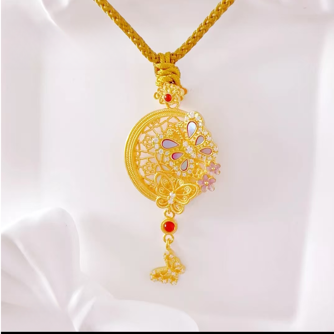 古法螺钿镜花蝶梦镶钻黄金吊坠