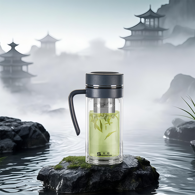 双晗新款高端带把手办公茶水分离玻璃杯隔热便携家用