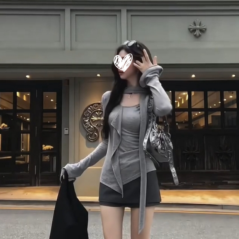 现货！秋季新款韩系高级设计感长袖T恤修身显瘦纯欲慵懒风百搭上衣