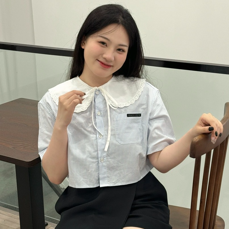 99新 MIU MIU/缪缪  J19147 条纹娃娃领棉质单排扣短袖衬衫