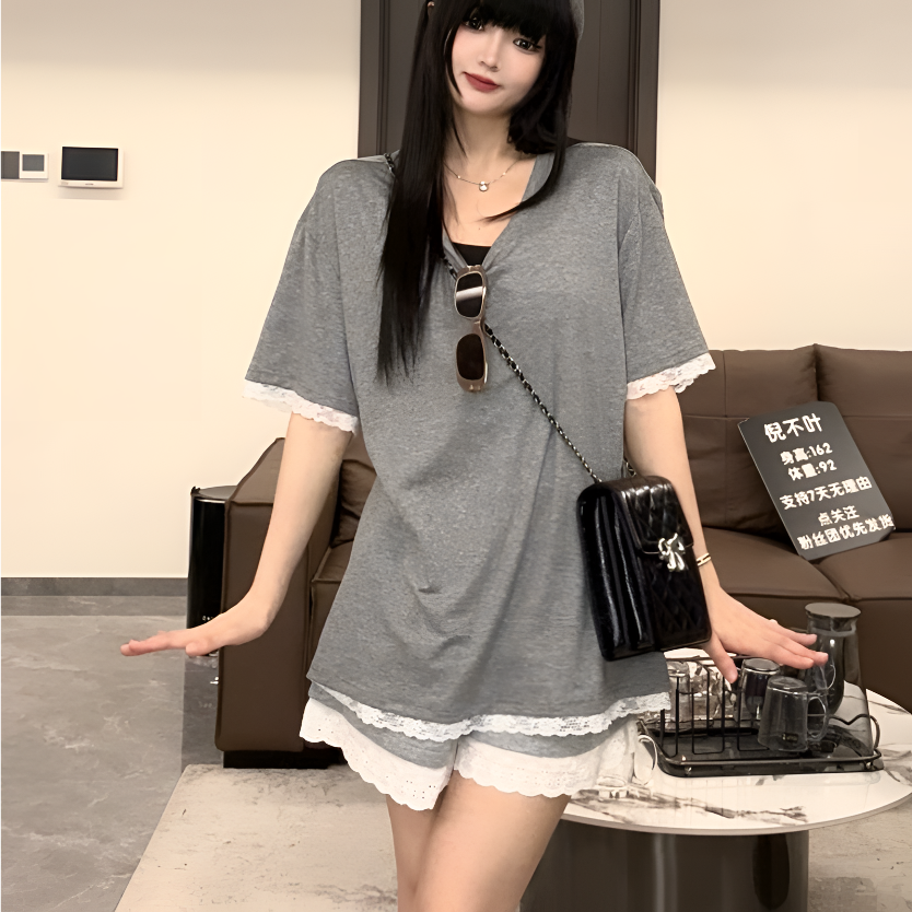 【蕾丝边92天丝面膜V领T恤】宽松oversize高级短袖五分袖慵懒