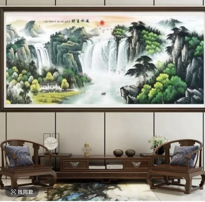 流水生财十字绣成品不带框纯手工出售已绣好的2024新款客厅山水画