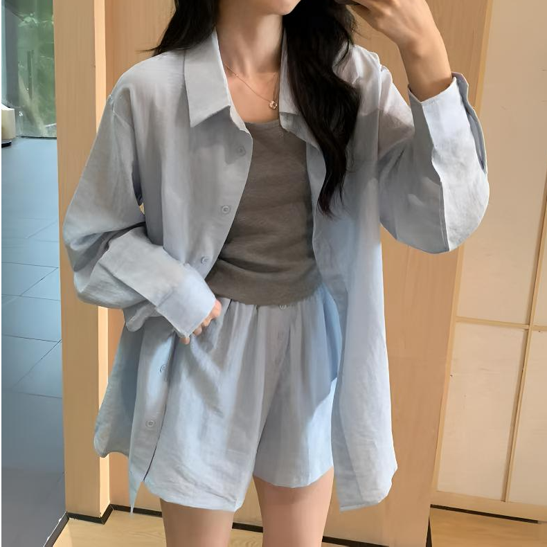 Malena Dream 简约宽松刺绣衬衫+百搭背心+慵懒休闲裤三件套