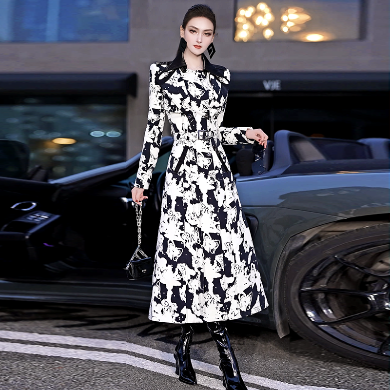 欧美时尚印花夹棉风衣2024冬季新款通勤收腰修身中长款过膝外套