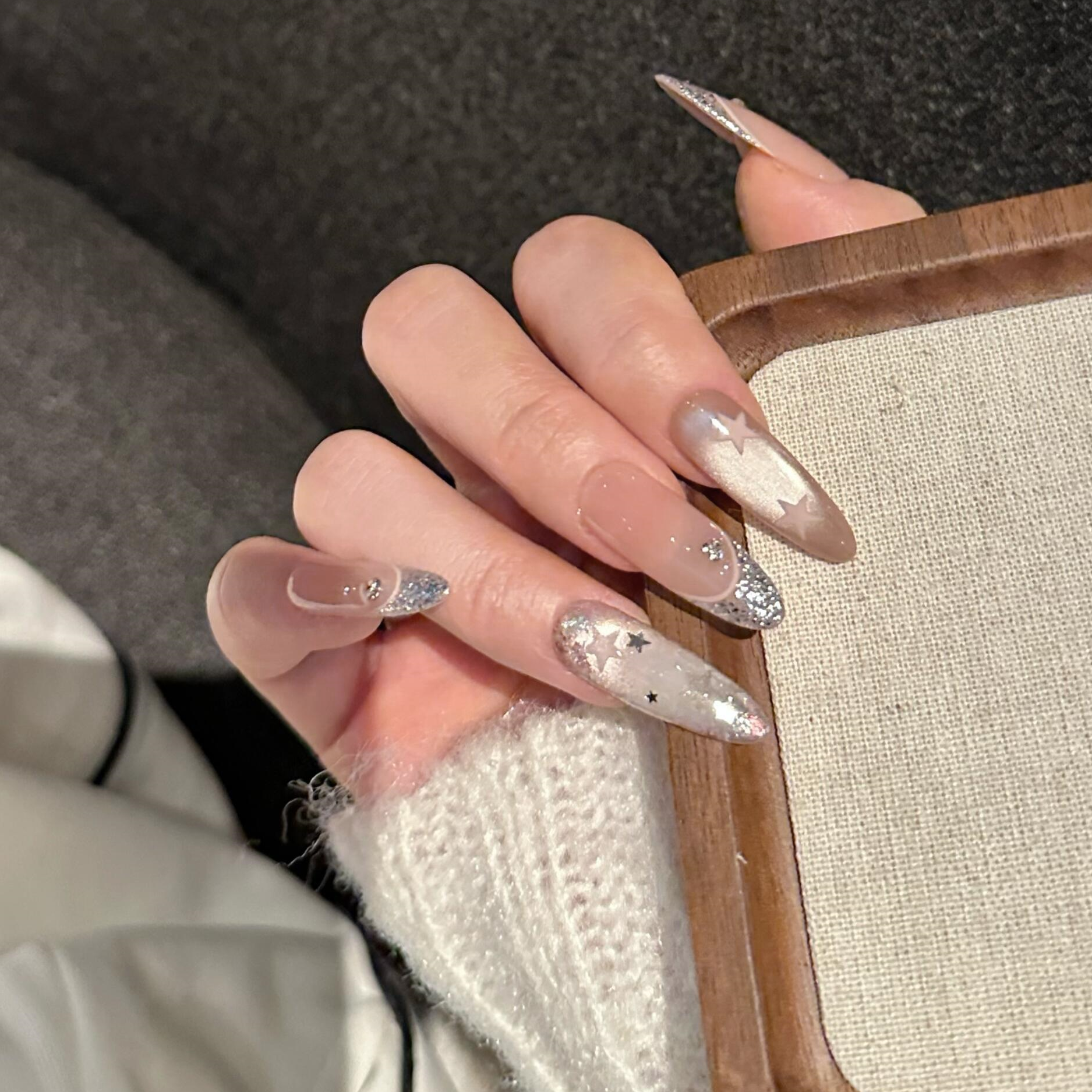 【星动预告】法式爆闪星星猫眼美甲穿戴甲片中长款裸色显白穿戴美甲