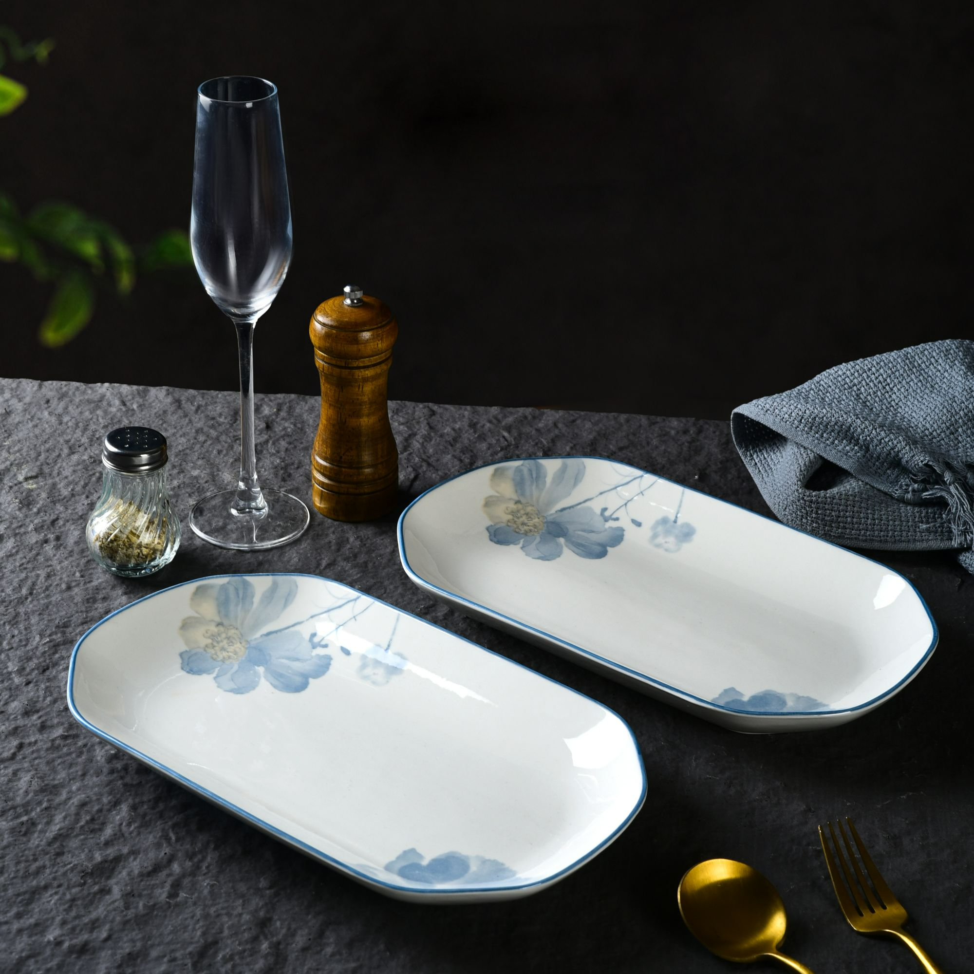 兰心雅韵30CM鱼盘2个装釉下彩家用款手捏纹理陶瓷加厚防烫菜盘