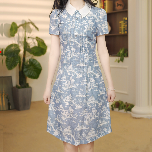 燕妮雅姿翻领中腰连衣裙收腰法式气质少女蓝色长款提花L986