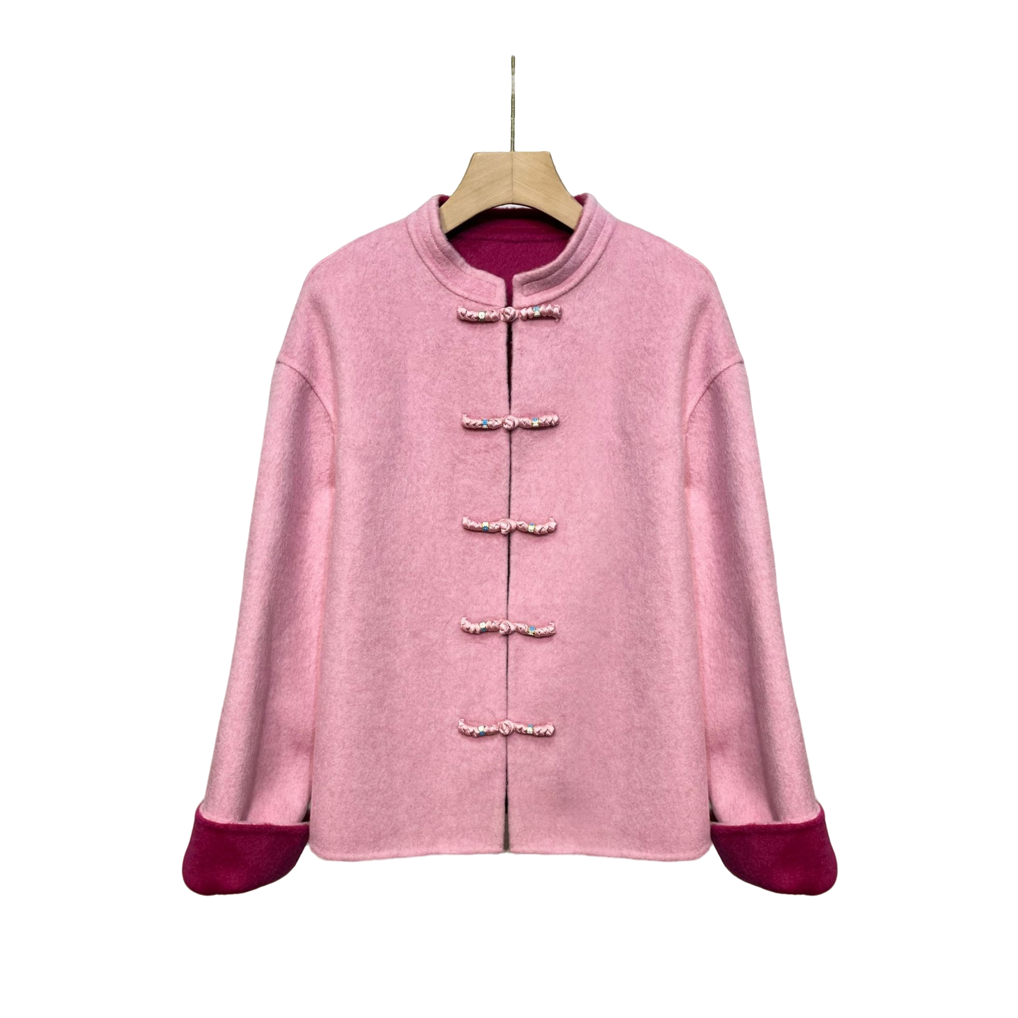 秋冬中国风盘扣宽松粉色加厚保暖双面高支羊毛长袖毛呢大衣女外套