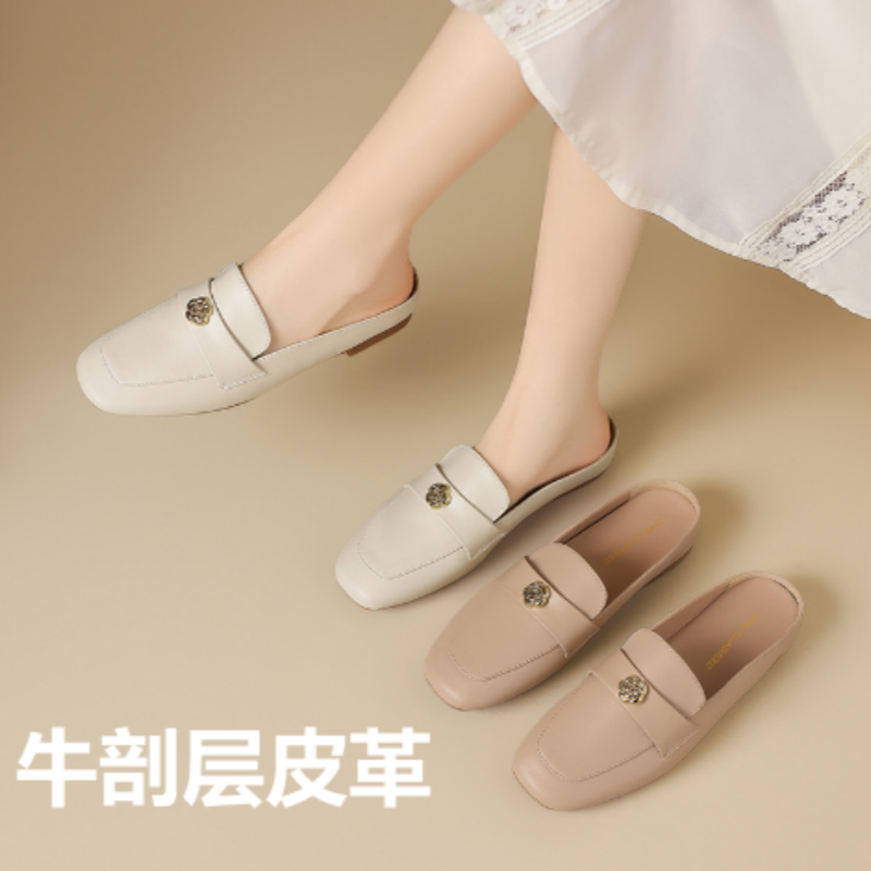 【小新专属】ZHR则则牛剖层革平底穆勒拖鞋2025夏季新款女鞋AH666